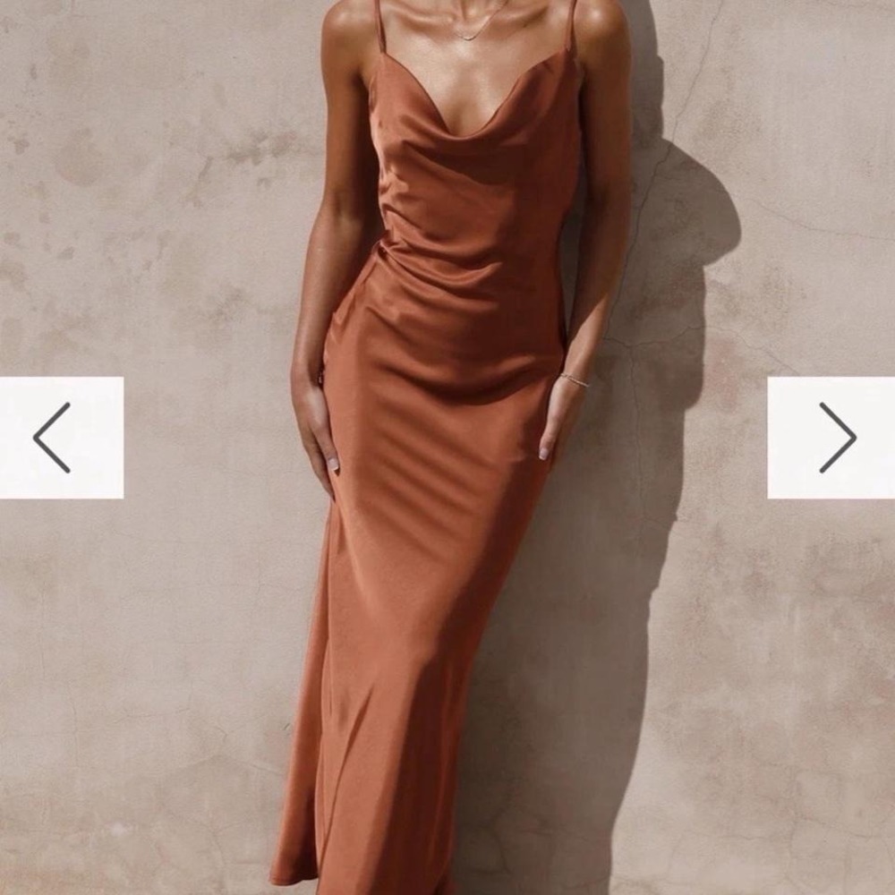 Billy J Satin Champagne Maxi Dress w Cowl Neck Strappy Bridesmaid / Formal